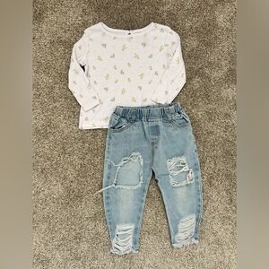 Floral Long Sleeve Top and Distressed Jeans Set